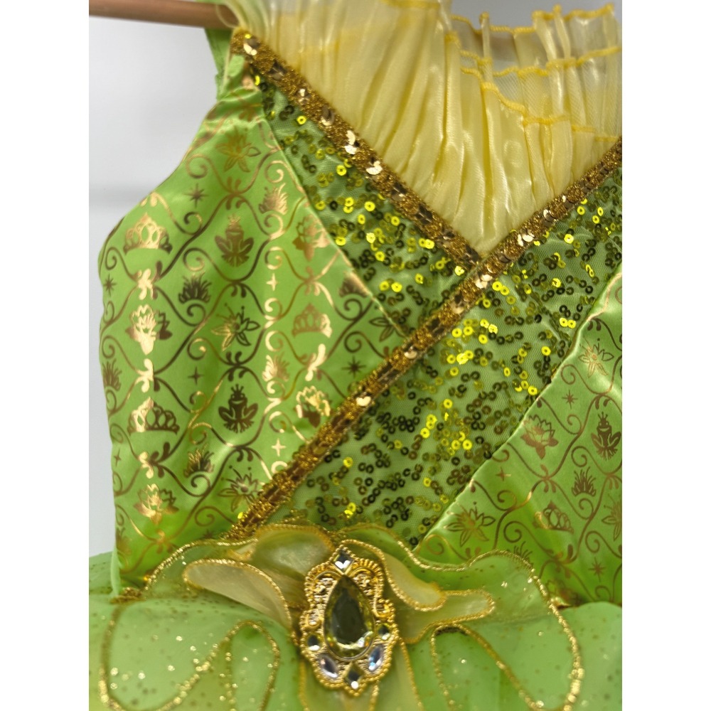 Disney Princess Tiana Costume Dress Kids Size 9/10 Lime Green Gold Sequins - Picture 12 of 14